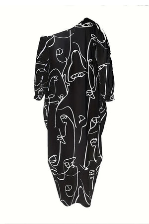 Printed Single Shoulder Lantern Sleeve Maxi Dress