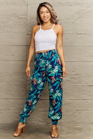 Smocked Plant Print Long Pants